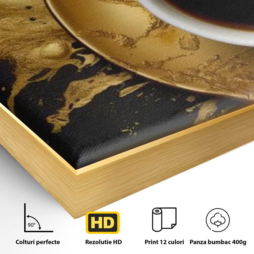 Detaliu al suprafetei: tablou canvas cu ceasca de cafea, in rama de aluminiu auriu